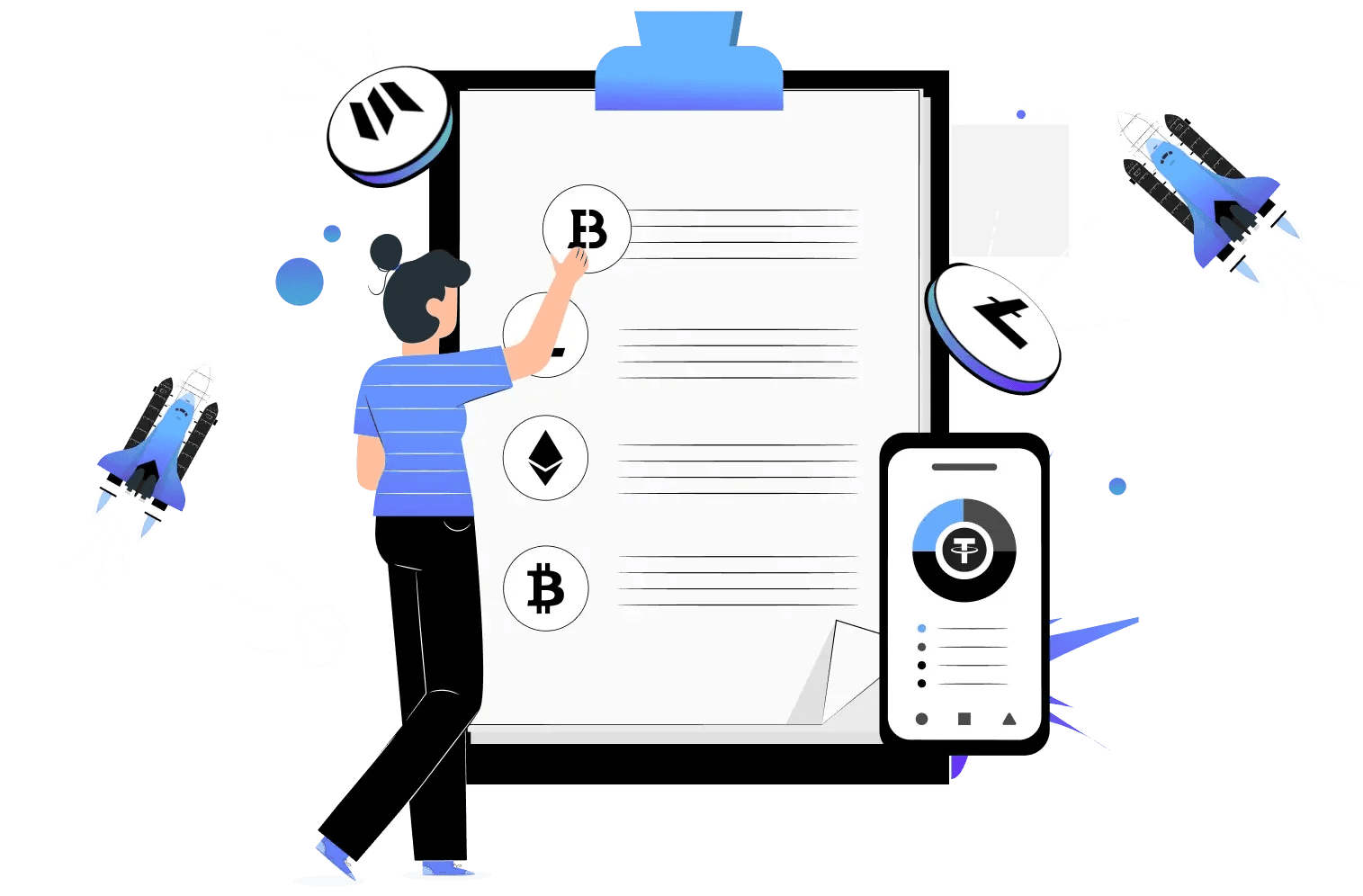 Biconomy.com onboarding illustration — person writing on a whiteboard surrounded by coins and rockets