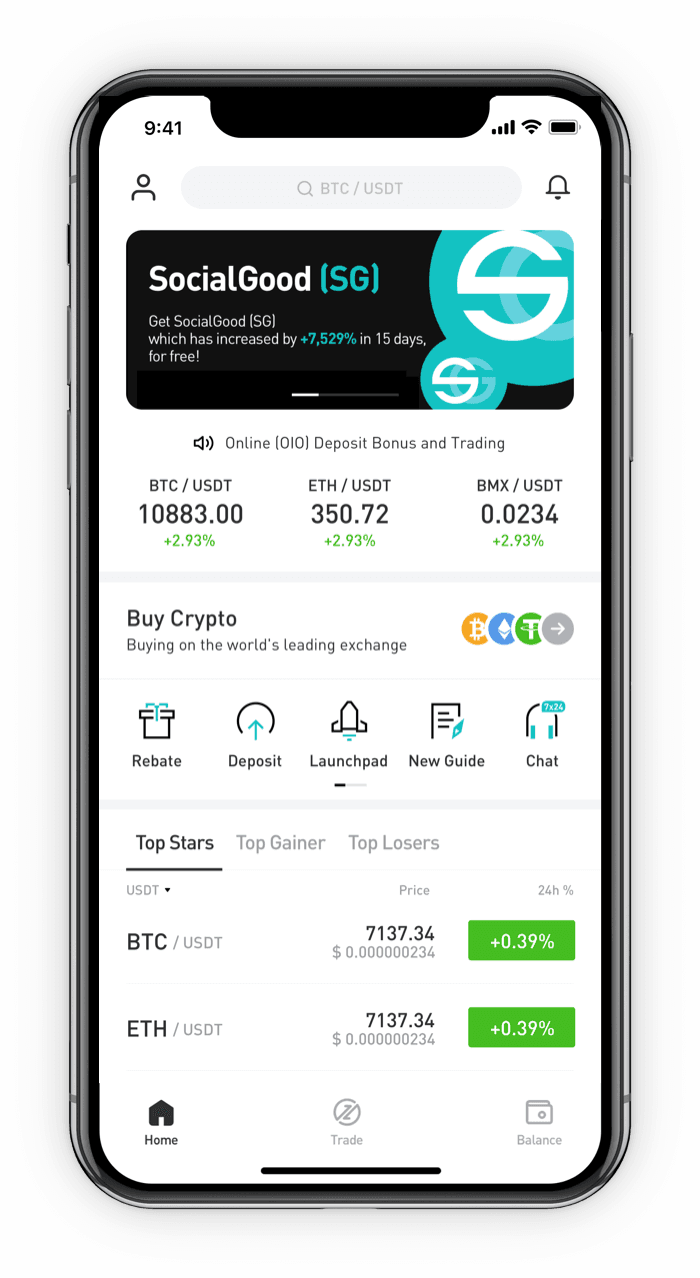 BitMart mobile app showing SocialGood (SG) listing
