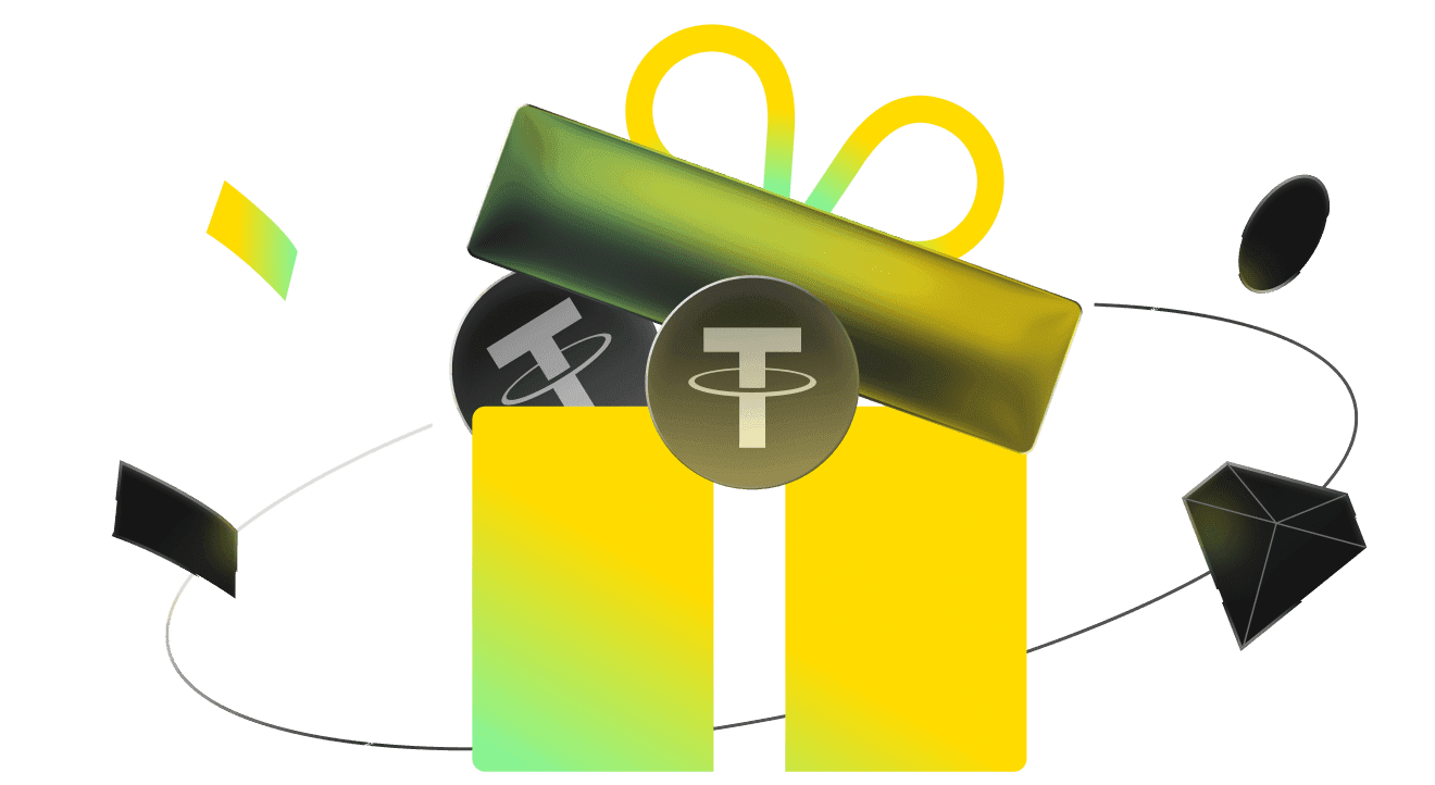 Gift box with yellow ribbon and floating coins — Social Media Airdrops illustration