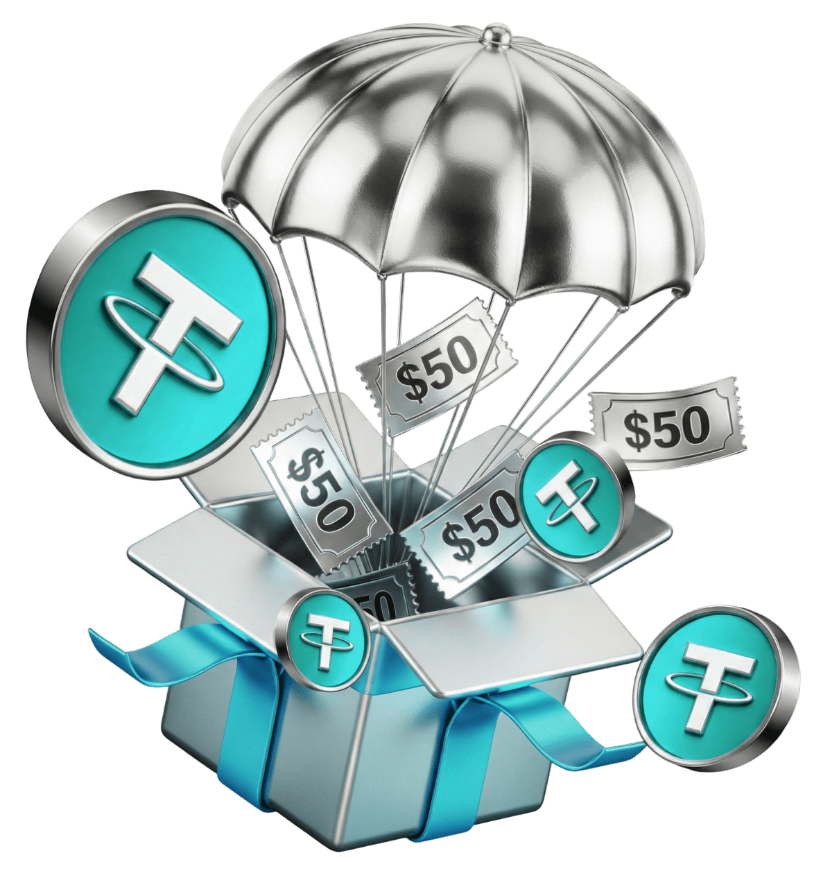 3D parachute carrying teal coins and cash — Social Media Airdrops illustration