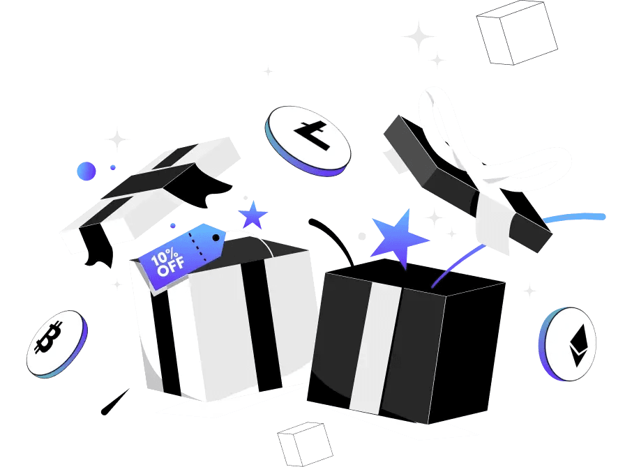 Exploding black gift boxes with coins and stars — Biconomy.com Community Airdrop illustration